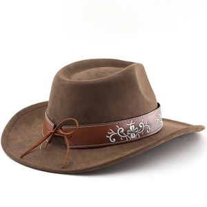 Detail of western brown felt cowboy hat featuring ethnic floral embroidery on leather band