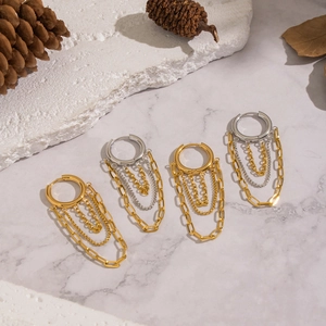 Stainless Steel Multi Layer Chain Tassel Hoop Earrings Geometric Line Hip Hop Style Waterproof Hypoallergenic For Women