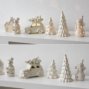 Ceramic Christmas ornaments with LED lights including snowmen and golden trees