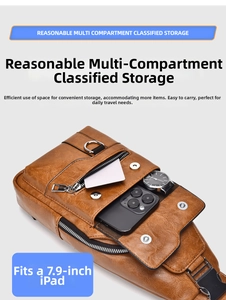 Brown leather chest bag showing organized compartments for 7.9 inch iPad and phone