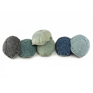 Collectie retro gewassen denim newsboy petten voor heren en dames in diverse blauwtinten