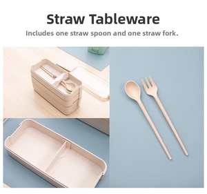 Detail showing the multi-layer wheat straw bento box with matching spoon and fork set