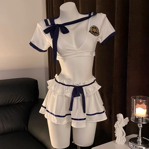 Sexy white sailor schoolgirl lingerie set with cropped V-neck top and ruffled mini skirt