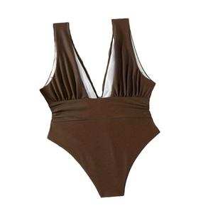 Solid dark brown one-piece swimsuit with deep V-neck and ruched waist detail