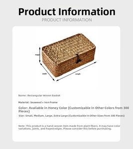 Detailed size chart for handmade seagrass rectangular baskets with natural honey finish