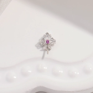Detailed S925 silver earring base with hollow floral design and pink purple stone