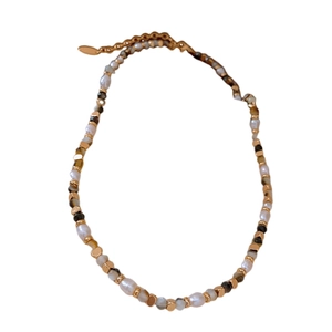 Vintage freshwater pearl and brown gemstone beaded necklace with gold metal accents