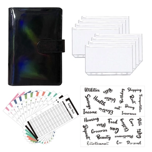 Detailed macro view of black A6 budget binder set with holographic PU cover and accessories
