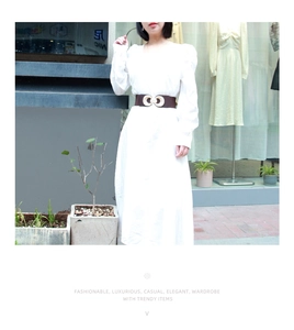 Detail of dark brown elastic wide waist belt with interlocking metal buckle on dress
