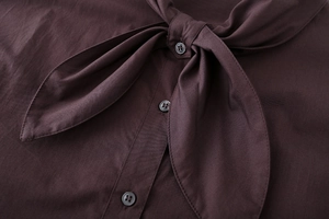 Close-up of smooth poplin fabric on long-sleeve shirt with bow tie and tonal buttons