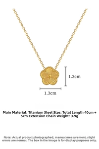 Detail view of 1.3cm gold five-petal flower pendant necklace with 45cm titanium steel chain