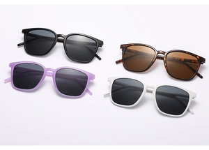 Top view of square fashion sunglasses in black, tortoiseshell, purple, and white colors