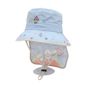 Kids quick-dry sun hat with neck flap featuring cute rainbow rabbit and blue brim