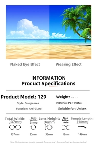 Tableau des tailles pour lunettes de soleil sans monture avec spécifications métal