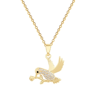 Luxurious gold swallow pendant necklace with rose and pavé crystals on a white background