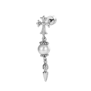 Elegant silver cross cartilage earring with white pearl and metallic charms on white background