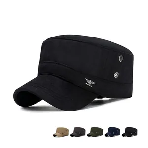 Men Cadet Hat Cotton Flat Top Cap Adjustable Breathable Sun Protection Military Style Casual Outdoor With Metal Eagle Badge