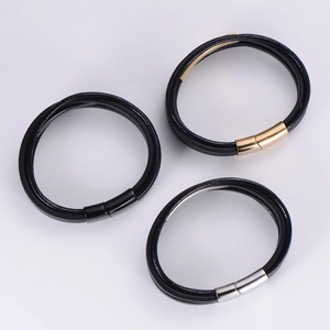 Multi-layer black PU leather bracelets with magnetic clasps in black, gold, and silver