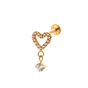 Gold G23 titanium heart labret stud with crystal pave and hanging round stone pendant
