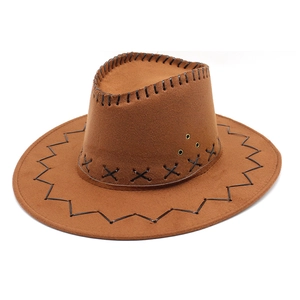 Brown western cowboy hat with wide brim, decorative black stitching and metal eyelets
