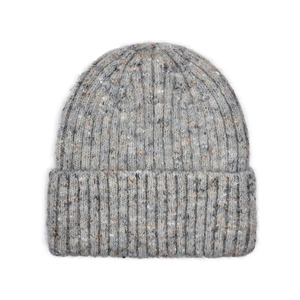 Detail view of the gray speckled knit texture and thick ribbed cuff on this winter beanie