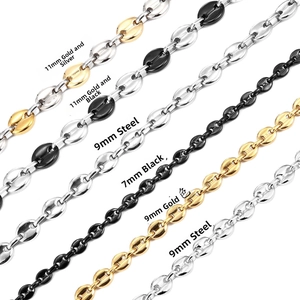 Close-up of coffee bean link chains in 7mm, 9mm, and 11mm widths with multi-color finishes