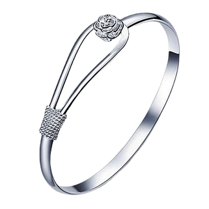Elegant silver open bangle with rose flower detail and woven texture design