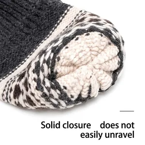 Close-up of winter knitted beanie top showing thick jacquard patterns and secure stitching