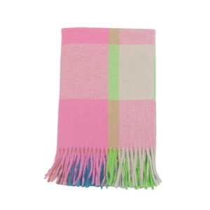 Macro shot of thick rainbow plaid scarf featuring soft colorful tassels and pastel tones