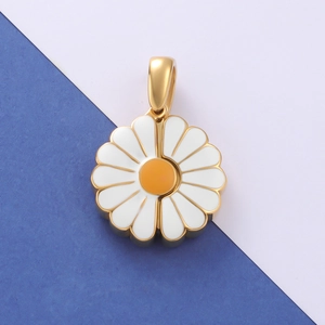 Detailed view of an openable gold daisy pendant with white enamel petals and yellow center