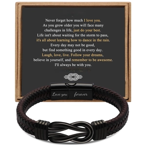 Brown braided leather bracelet with magnetic clasp and To My Son message card gift set