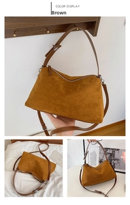 Detailed views of brown suede shoulder bag with adjustable strap and zip closure