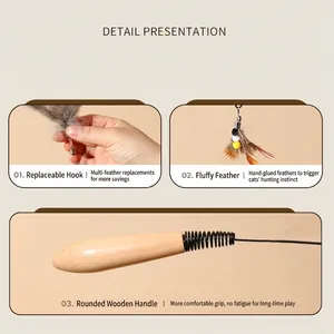 Extra long feather cat teaser wand with wooden handle and metal bell attachment