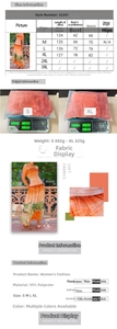 Detailed size chart and fabric specifications for strapless gradient pleated maxi dress