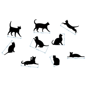 Detailed size guide for black cat silhouette window stickers with various cat poses