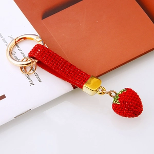 Sparkly Rhinestone Strawberry Keychain Cute Fruit Bag Pendant Alloy Heart Four Leaf Clover Key Ring For Women Jewelry Gift