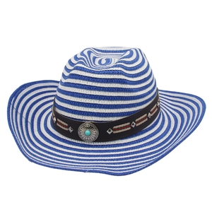 Blue and white striped straw cowboy hat with turquoise leather band and wide brim