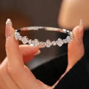 Elegant Four Leaf Clover Flower Bangle For Women Silver Tone Copper Encrusted White Zircon Light Luxury Jewelry Accessory