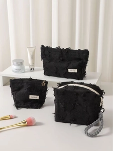 Distressed Fringed Canvas Cosmetic Bag Large Capacity Travel Makeup Organizer Zippered Toiletry Pouch Portable