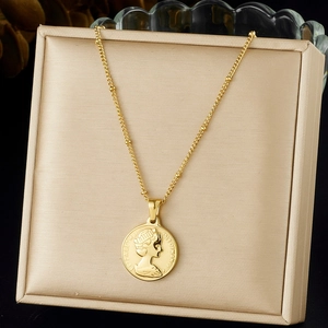 Vintage Coin Pendant Necklace Stainless Steel Gold Plated Embossed Portrait Medallion Retro Satellite Chain Jewelry For Women