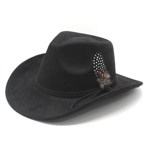 Classic black suede cowboy fedora hat with distinctive spotted feather accent piece