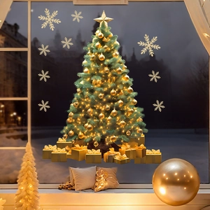 Detailansicht der festlichen Weihnachtsbaum-Fensteraufkleber mit goldenen Geschenken und Deko