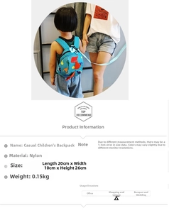 Blue dinosaur kids backpack dimensions 20x10x26cm weighing 0.15kg in nylon material