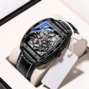 Luminous tonneau quartz watch with black hollow dial and white-stitched leather strap
