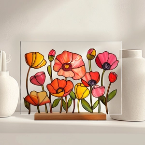Detailed close-up of acrylic floral desktop decor with wood base and poppy art
