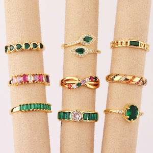 Adjustable Open Ring For Women Gold Plated Copper With Emerald Green Colorful Cubic Zirconia Heart Geometric Jewelry