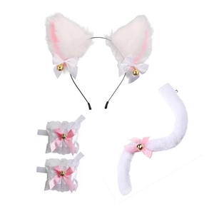 Flat lay of white and pink cat ear headband set with lace cuffs and a tail with bells
