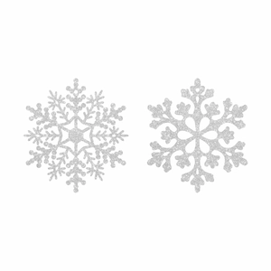 Dettaglio di fiocchi di neve glitterati argento per la decorazione dell'albero di Natale