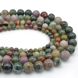 Natural Indian Agate round beads with colorful moss green and reddish textures in multi-strand
