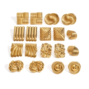 Set of gold stainless steel geometric stud earrings with polished metallic finish